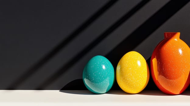 Three colorful ceramic objects in turquoise, yellow, and orange hues arranged in minimalist composition with bold shadows on a black-and-white surface.