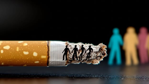 A close-up of a cigarette burned to reveal human silhouettes, symbolizing health impact, against a dark background with colorful human figures blurred in the distance.
