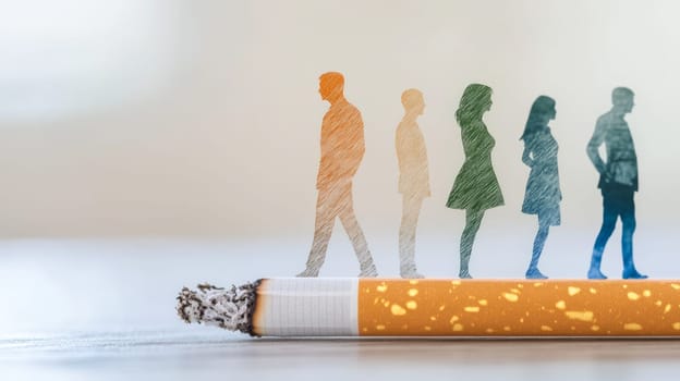 A cigarette burning down to reveal colorful human silhouettes fading into the air, symbolizing the harmful impact of smoking.