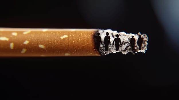 Close-up of a burnt cigarette showing silhouettes of people symbolizing the impact on health, against a dark background