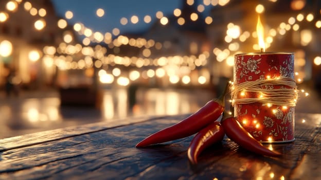 Red chili peppers tied with twine, placed next to a festive can wrapped in string lights, set on a rustic wooden table with glowing bokeh lights.