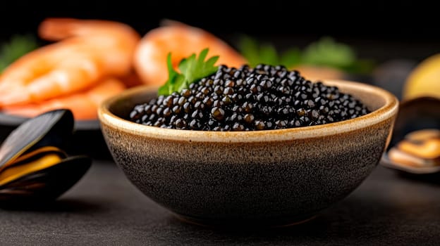 A rustic bowl filled with black caviar, garnished with parsley, surrounded by shrimp and mussels against a dark background.