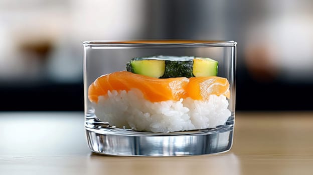 delicious sushi, beautifully served in a glass goblet.