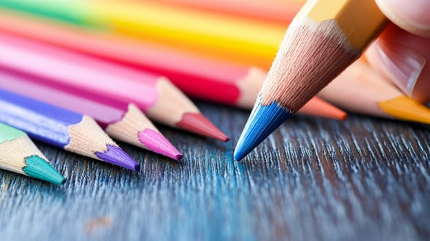 A collection of sharpened, vibrant colored pencils, with one in focus, arranged on a textured wooden surface. Creative and vivid.