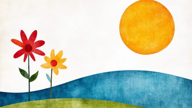 A cheerful and minimalist illustration of two flowers on rolling hills under a bright sun, in a textured, artistic style.