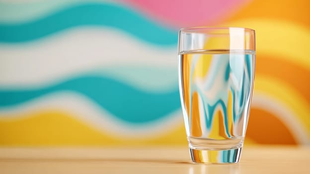 A crystal-clear glass of water reflecting colorful abstract waves in the background, creating a modern and artistic aesthetic.