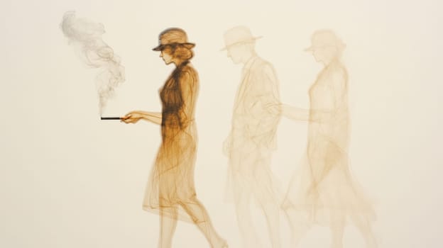 Women in motion, depicted in smoky, translucent layers, holding a cigarette, symbolizing the transience and effects of smoking.
