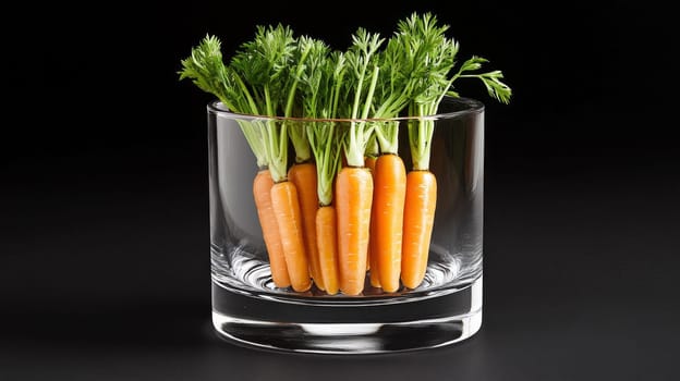 Fresh young carrots with green tops are neatly arranged in a clear glass vase against a dark background for a modern and elegant presentation.