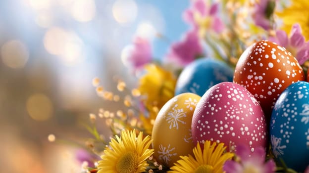 A colorful arrangement of painted Easter eggs nestled among spring flowers, with a soft blurred background and warm light bokeh.