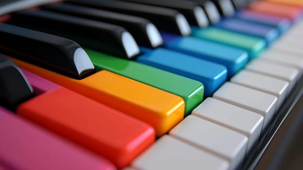 Close-up of unusual piano keys that are uniquely painted in vibrant rainbow colors, creating a playful and creative design.