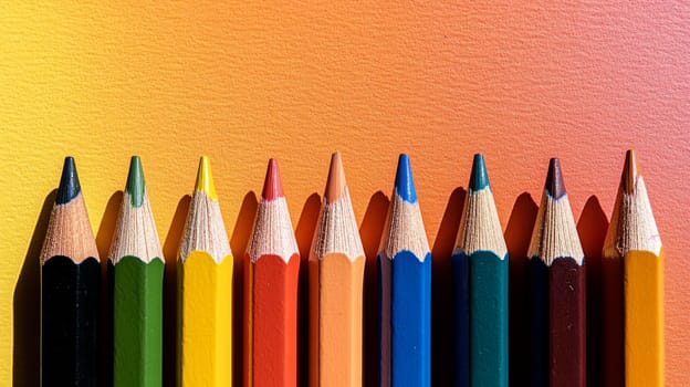 A row of sharpened colored pencils neatly arranged on a bright gradient background from orange to pink. Bright and creative.