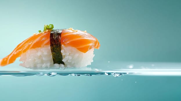 Beautifully crafted salmon nigiri sushi, artistically arranged to appear to float on water, against a calm blue-green background. Minimalistic and elegant.