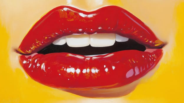 Close-up of vibrant, glossy red lips against a bright yellow background, emphasizing bold color and texture. Modern and striking.