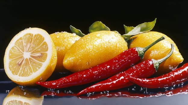 A vibrant still-life of fresh lemons and red chili peppers covered in water droplets, set against a glossy black surface.