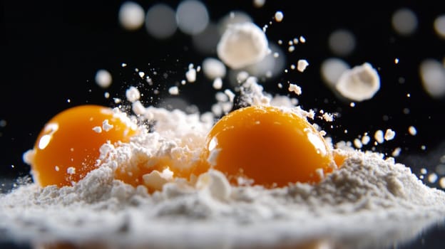 Two vibrant egg yolks resting in a pile of flour, with flour particles captured in motion, set against a dark background.