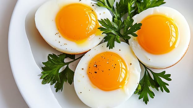 Three halved boiled eggs with vibrant yolks garnished with fresh parsley and a sprinkle of black pepper, arranged on a white plate.