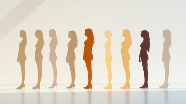 A row of female silhouettes in varying shades from light to dark, symbolizing diversity, unity, and empowerment, set against a soft gradient background.