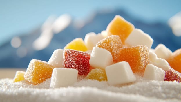 A pile of colorful sugar-coated candies on a white sugar surface that looks like snow, with blurred mountain peaks in the background.