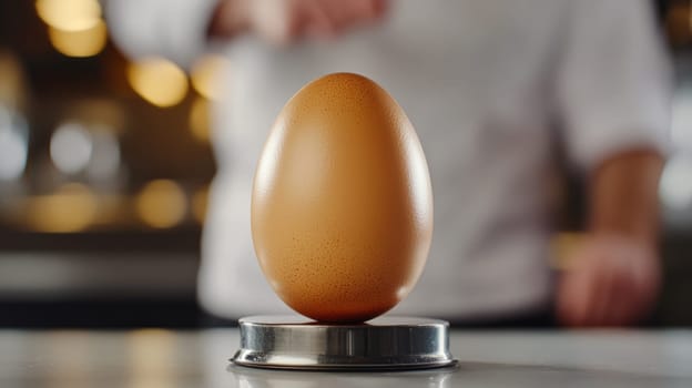 A close-up of a single brown egg perfectly balanced on a small metal stand, with a blurred chef in the background. Focus on precision.