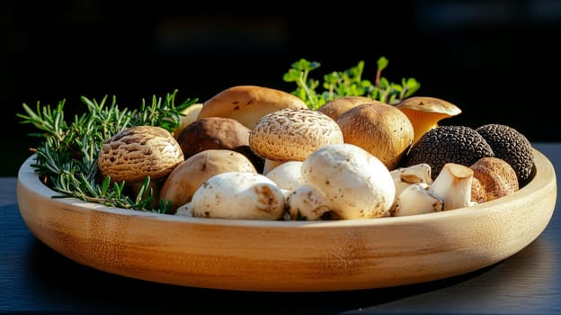 A wooden platter filled with a variety of fresh mushrooms, including truffles, garnished with sprigs of green herbs. Rustic and natural setting.