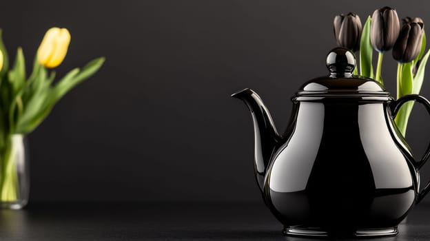 A glossy black teapot displayed alongside vibrant tulips in vases, set against a dark minimalist background. Copy space