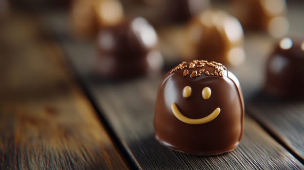 A playful chocolate truffle decorated with a smiley face, set on a rustic wooden surface, with blurred truffles in the background.