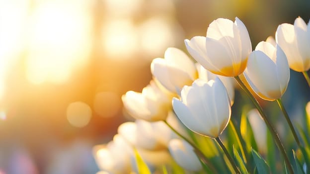 Tulips sprout from the ground against a soft pastel sky. Copy Space