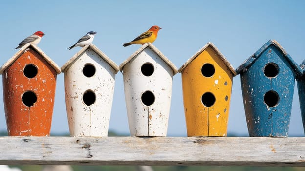 Miniature birdhouses on which small birds sit. A combination of bright and muted colors against a light blue sky.