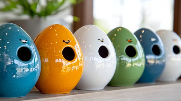 A row of miniature egg-shaped birdhouses ,bright and muted colors on a shelf background