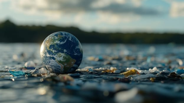 : A small Earth globe surrounded by plastic debris floating on water, symbolizing environmental pollution.