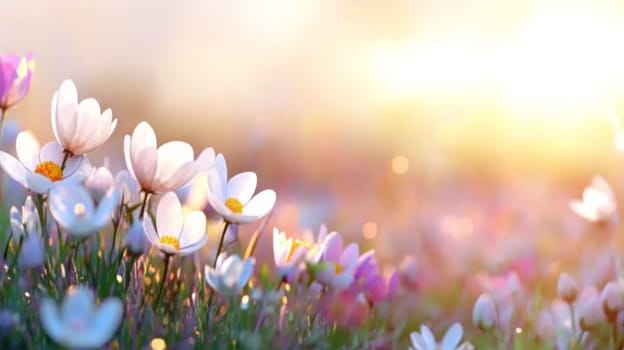 Delicate flowers with delicate petals against a soft pastel sky. Copy space