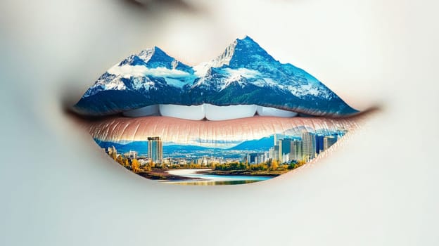 Surreal lips overlaid with a scenic landscape featuring snowy mountains and a modern city skyline. Creative double-exposure effect. Copy space