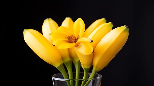 a glass filled with yellow bananas, as if a bouquet of flowers. one blossomed