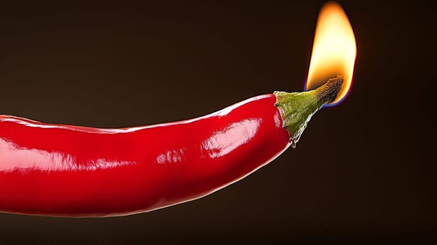 A single red chili pepper with a burning flame at the stem, symbolizing warmth and spice, against a dark background for dramatic effect.