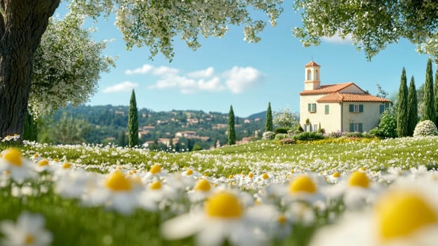 A serene countryside scene featuring a blooming field of daisies, olive trees, and a charming villa with rolling hills and cypress trees in the background.