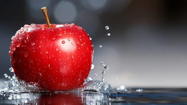 Close-up of a shiny red apple with droplets of water covering its surface on a dark minimalist background.