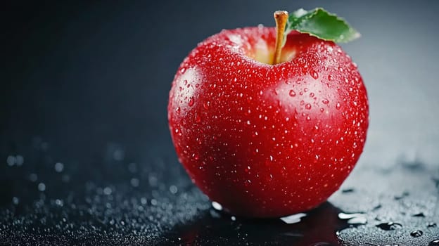 A glistening red apple with water droplets and a green leaf, placed against a dark background. Crisp and refreshing. Copy space