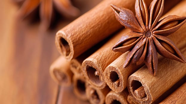 A detailed arrangement of cinnamon sticks and star anise, showcasing natural textures and warm tones, placed on a wooden surface.