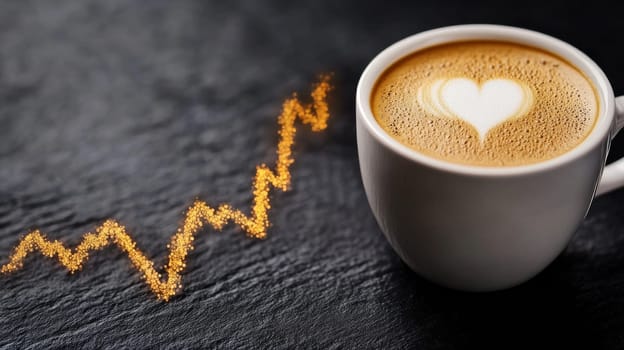A cup of coffee on a plain background with a line of energetic pulse or heartbeat, symbolizing the instant burst of energy from drinking coffee.