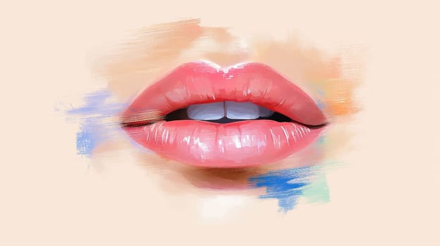 A close-up of glossy pink lips with artistic pastel brushstrokes surrounding them, set against a soft beige background.