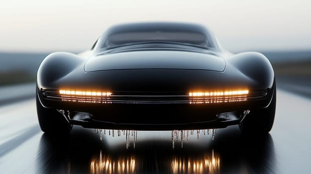 A sleek black futuristic car.Sleek body made of mirror metal and glass, water drips from above, freezing at the bottom, with minimalist LED strips instead of headlights.