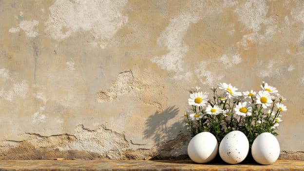Three white eggshells filled with blooming daisies, arranged on a surface against a weathered, textured wall with ample copy space.