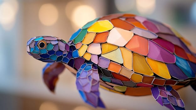 The turtles are made entirely of colored stained glass plates, showcasing their unique handicraft hobbies and passion for creativity
