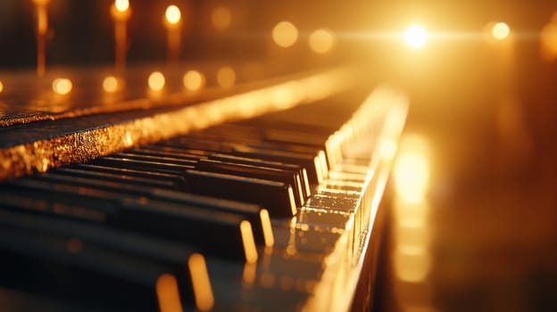 Close-up of piano keys illuminated by soft, golden sunlight