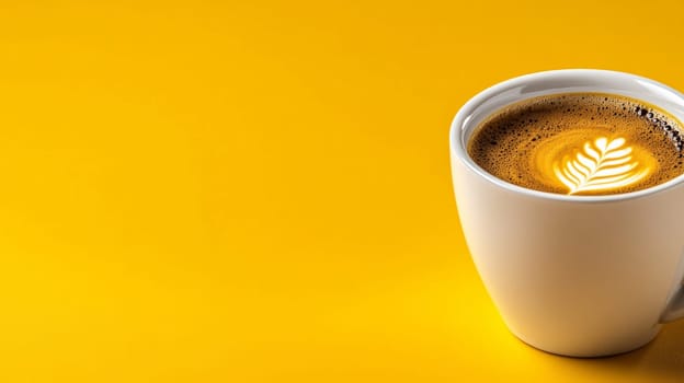 A white cup of cappuccino with intricate latte art on a bright yellow background with plenty of room for text.