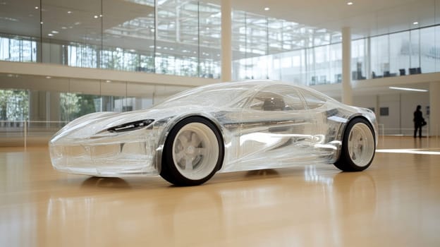 Glass Capsule Mobile. A completely transparent car with smooth glass panels that can change transparency. The car is shaped like a capsule in a bright, modern showroom
