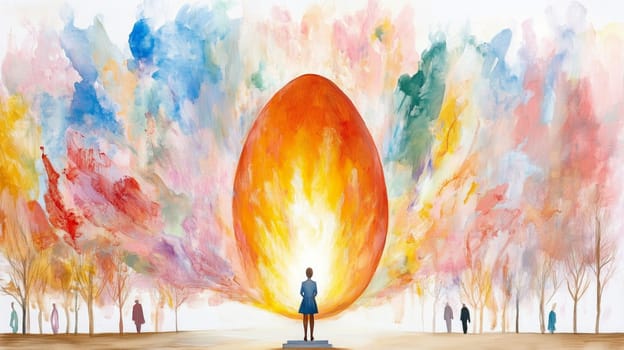A surreal scene featuring a glowing egg shape surrounded by colorful splashes of paint, with a lone figure standing in awe. Dreamlike and abstract.