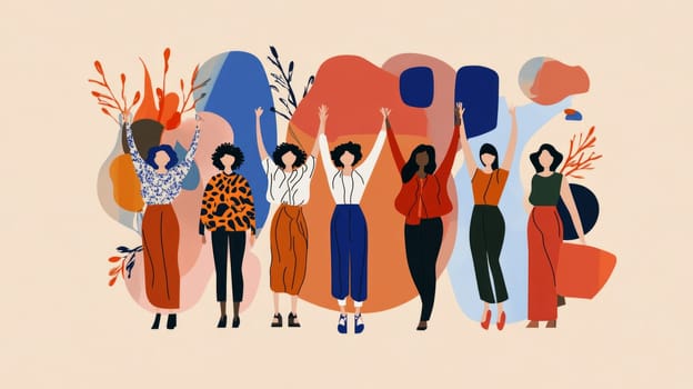 A group of women stands in front of a colorful abstract background that symbolizes unity and teamwork.