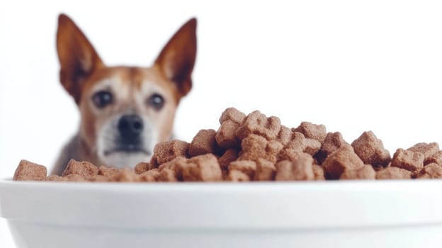 Against a white background, a lethargic-looking dog stares at a bowl full of processed pet food.