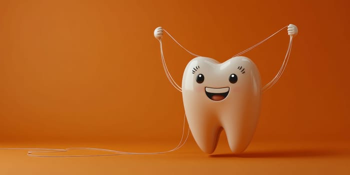 Smiling cartoon tooth holding dental floss above his head with his hands. The tooth has large, friendly eyes and a wide smile.healthy white tooth with a smooth surface on an orange background